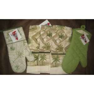  Beach Palm Tree Kitchen Towel Set with Oven Mitts (5 Piece 