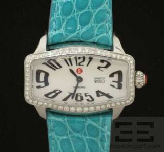 Michele Teal Alligator & Stainless Steel Coquette Retro Diamond Watch 