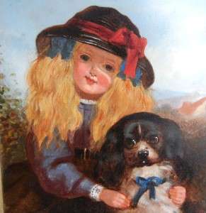 Antique King Charles Spaniel Young Girl Oil Painting