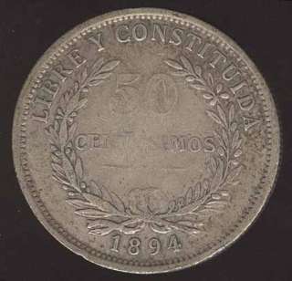 URUGUAY SILVER COIN 50 CENTS 1894  