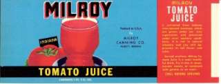 Vintage Milroy Tomato Juice Can Label Milroy,Indiana  