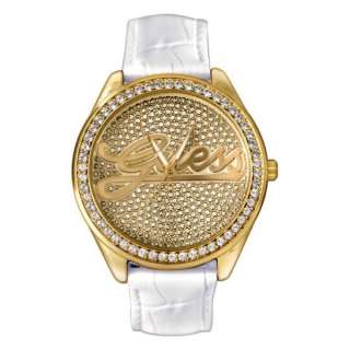 GUESS GOLD ROCK LOGO WHITE LEATHER SWRVSKI CRYSTAL LADIES WATCH  