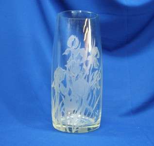LARGE PERRY COYLE ENGRAVED IRIS FLOWERS VASE SIGNED  
