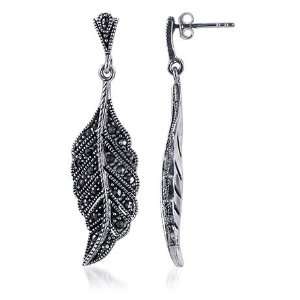  Sterling Silver Marcasite Leaf Post Back Dangle Earrings 