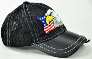 NEW W/LEATHER MESH EAGLE USA FLAG MILITARY CAP HAT BLACK  
