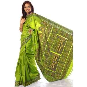 Pear Green Baluchari Sari from Kolkata Depicting Exile of the Pandavas 