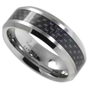 Tungsten Carbide 8 mm (5/16) Comfort Fit Flat Band, w/ Black Carbon 