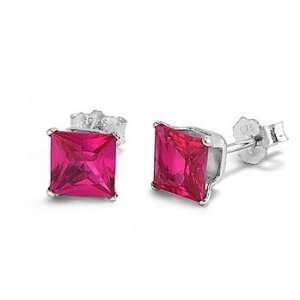    Sterling Silver   4mm Ruby CZ Square Stud Earrings Jewelry