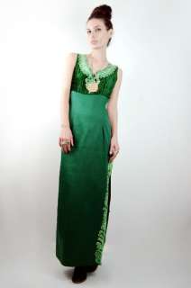 Vtg 60s Emerald VELVET Silk Embroidered GODDESS Fitted EVENING Maxi 
