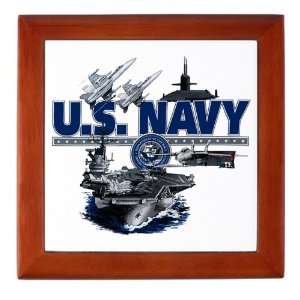  Box Mahogany US Navy with Aircraft Carrier Planes Submarine and Emblem