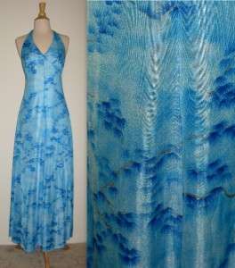 Vtg Hawaiian Blue Poly Jersey Halter MAXI Dress 12  