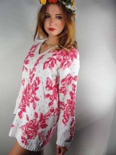 Vintage FLORAL Embroidered Pink White COTTON KNIT Jumper Dress m xxl 