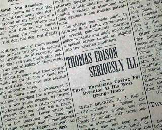 THOMAS EDISON Illness Prior To DEATH 1931 Old Newspaper  