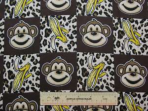 Monkey Heads Bananas Leopard Print Browns Cotton Flannel Fabric BTY 