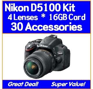 Nikon D5100 5 Lens Package Kit 18 55mm VR, 70 300mm, 500mm, 16GB 