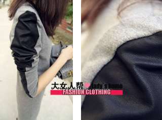New Women Faux Leather Splicing Long Top T shirt Mini Dress T0468 