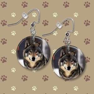 TIMBER WOLF 2** 1 Button Dangle Earrings **FREE PIN** USA Seller 