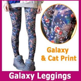 Galaxy Leggings with Cat Pattern Stellar Space Graphic Print Blue Leg 