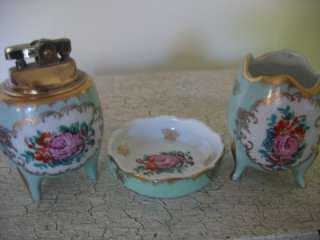19c hand painted french limoges 3 pieces lighter ashtray and egg 