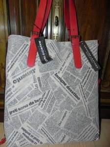   leather black white red newspaper tote purse bag Saks $475  