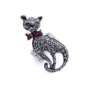  Black kitty cat with red ribbon Bling cocktail Ring 