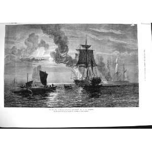   1876 South Sea Whalers Boiling Blubber Ships Moonlight