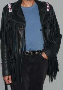 MENS TENNERS BLACK BEADED LEATHER FRINGE JACKET VERY SOFT SIZE 42 