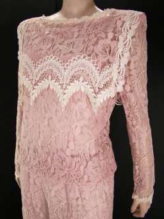   80s Jessica McClintock Pink LACE Middy LS Tea Party Dress w Slip S/M