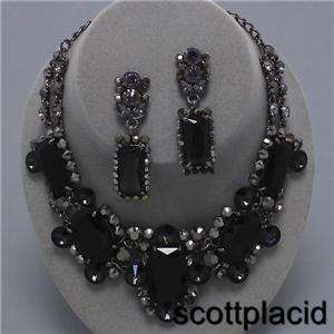   Jet Black Crystal Hematite Acrylic Statement Bib Costume Necklace Set