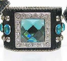   Genuine Leather Cowgirl Bling Blue Rhinestone Cuff Bracelet  
