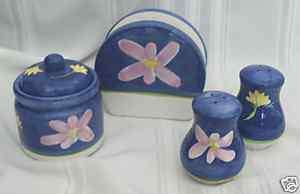ceramic SALT PEPPER SUGAR NAPKIN holder table set blue  