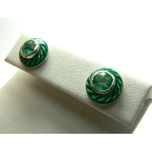   Artisian Round Colombian Emerald & Enamel Earrings 