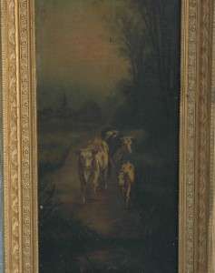 Original Antique 19th Century Oil on Canvas Cows Cattle Beautiful 