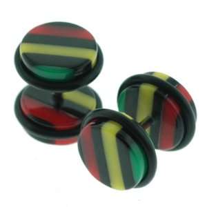  Fake Acrylic Plugs   Black, Green, Red, and Yellow Stripes 