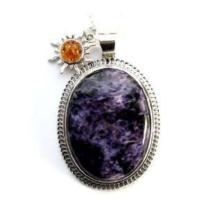  Charoite and Amber Sun Sterling Silver Oval Pendant 18 