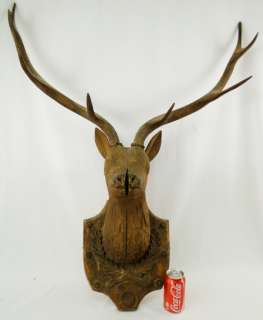 Antique 19th C. Large Black Forest Folk Art Carved Deer Head Mount 