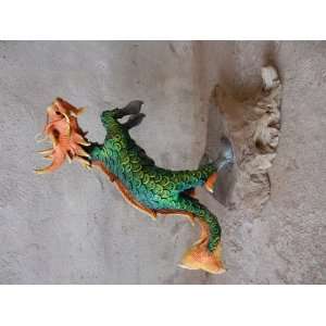   Handicraft Sculpture Green Dragon Horse on Stump 