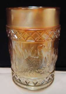   DIAMOND MARIGOLD CARNIVAL GLASS TUMBLER~STORK & RUSHES~LATTICE  