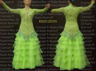 Crystal Hightlight Green Tan Lace Ballroom Waltz Tango dance dress 