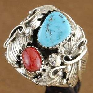Sterling Silver Turquoise/Coral Nuggets Mens Ring s9 14  