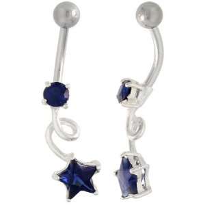 Loop Belly Button Ring with Star Cut Blue Sapphire Cubic Zirconia on 