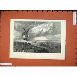    1872 Antique Print Windmill Stormy Weather Cattles