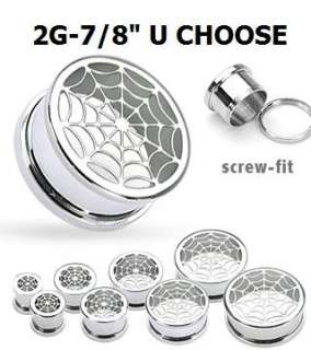 PAIR 2 SPIDER WEB HOLLOW PLUGS EAR TUNNELS SCREW 2G 7/8  