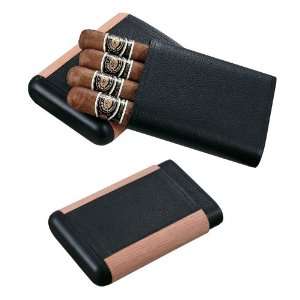    Black Leather & Wood Cigar Case   Holds 4 Cigars