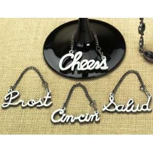 Pewter Word Wine Charms in Gift Box, Set of 4 ( Cheers, Salud, Prost 