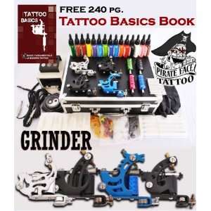 GRINDER Tattoo Kit 4 Machine Guns Power Supplies / 15 INK / LCD Power 