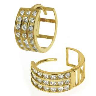 Solid 10K Yellow Gold 3 Row Round CZ Channel Set Huggie Earrings (0.5 