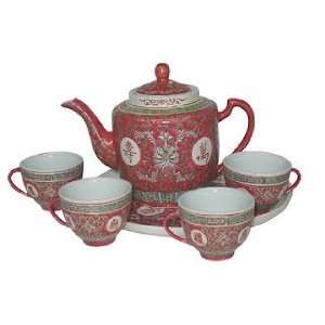  Chinese Red Longevity Tea Set for 4   porcelain 