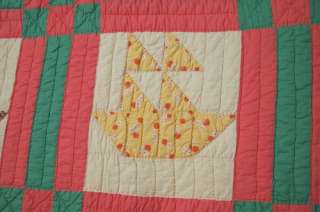 CHEERY 30s Sailboat Antique Quilt ~NICE VINTAGE FABRIC  