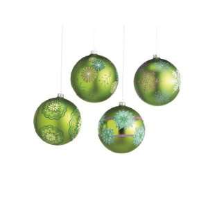  SET of 4 Green Snowflake and Flower Pattern Glass Ball 